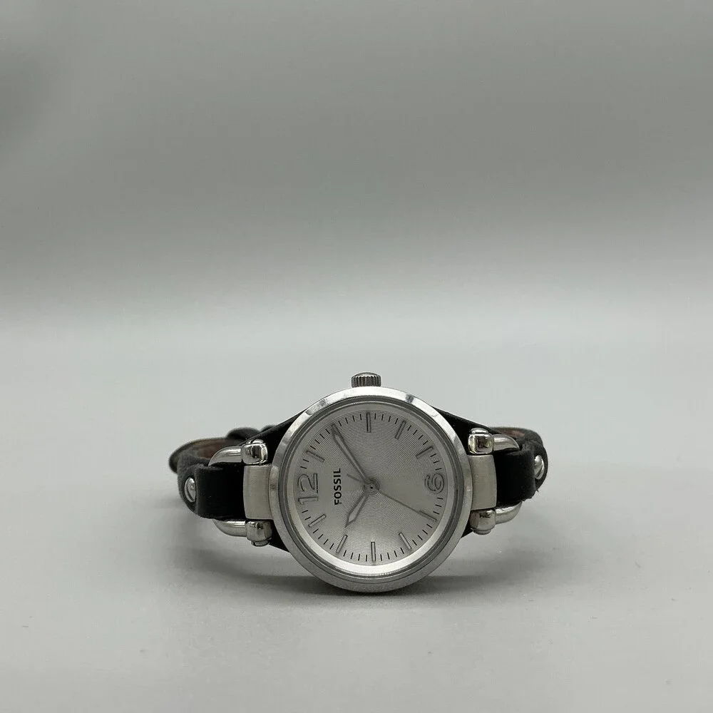 Fossil ES3263 Womens Watch 26mm Silver Dial Black Leather Dress 50M New Battery